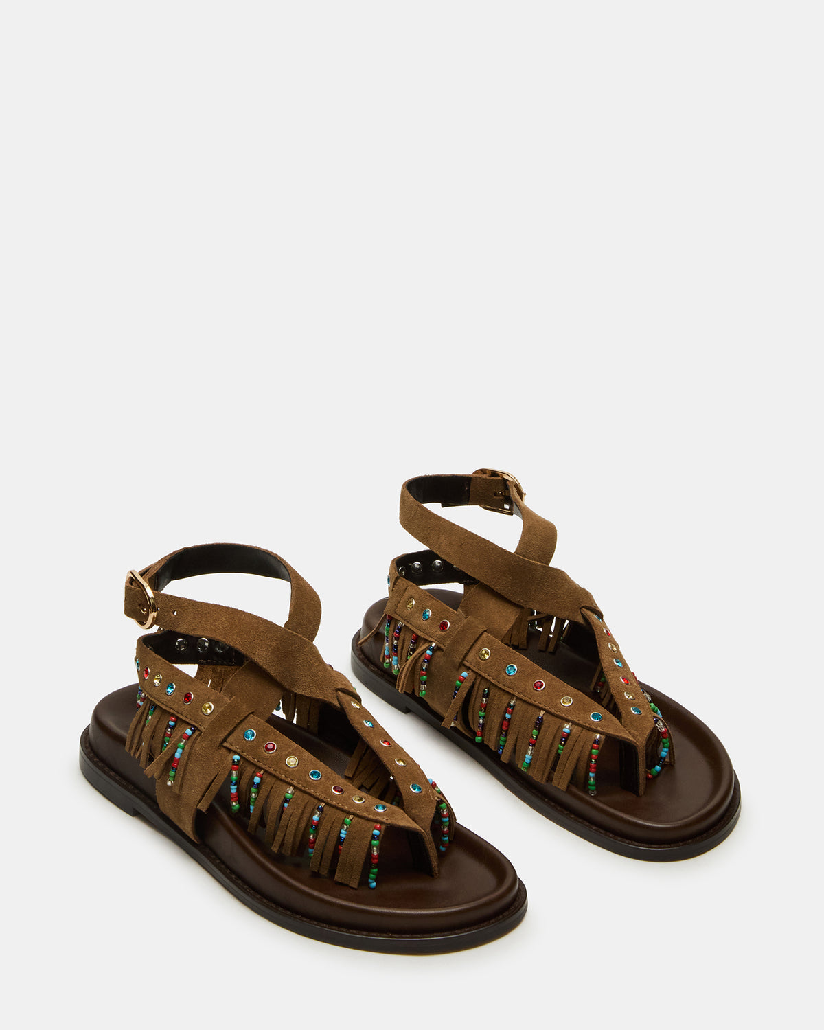 WENDELL Chestnut Suede Beaded Flatform Footbed Strappy Fringe Women's Sandal Steve Madden CHESTNUT SUEDE