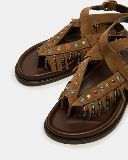 WENDELL Chestnut Suede Beaded Flatform Footbed Strappy Fringe Women's Sandal Steve Madden CHESTNUT SUEDE