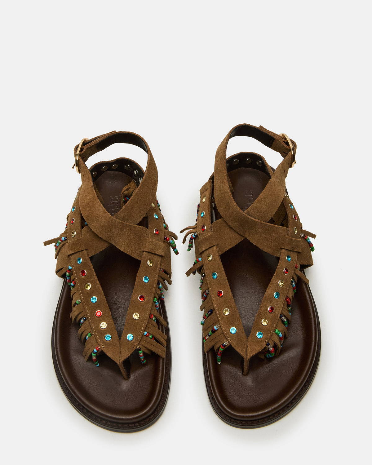 WENDELL Chestnut Suede Beaded Flatform Footbed Strappy Fringe Women's Sandal Steve Madden CHESTNUT SUEDE