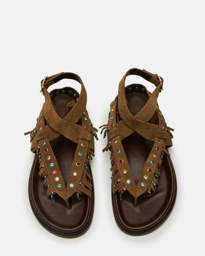 WENDELL Chestnut Suede Beaded Flatform Footbed Strappy Fringe Women's Sandal Steve Madden CHESTNUT SUEDE