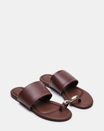 DECADENT Brown Leather Rounded-Toe Slide Women's Sandal Steve Madden BROWN LEATHER