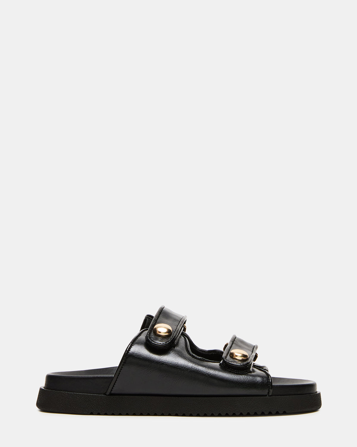 ATHENS Black Leather Slide Footbed Flatform Women's Sandal Steve Madden BLACK LEATHER