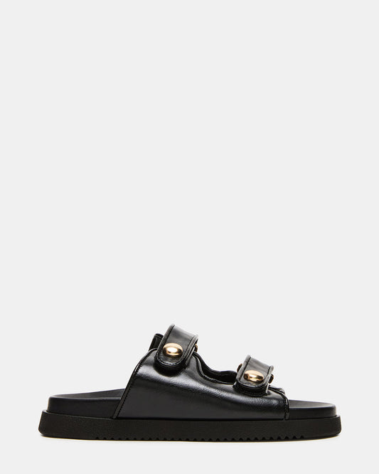 ATHENS Black Leather Slide Footbed Flatform Women's Sandal Steve Madden BLACK LEATHER