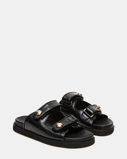ATHENS Black Leather Slide Footbed Flatform Women's Sandal Steve Madden BLACK LEATHER