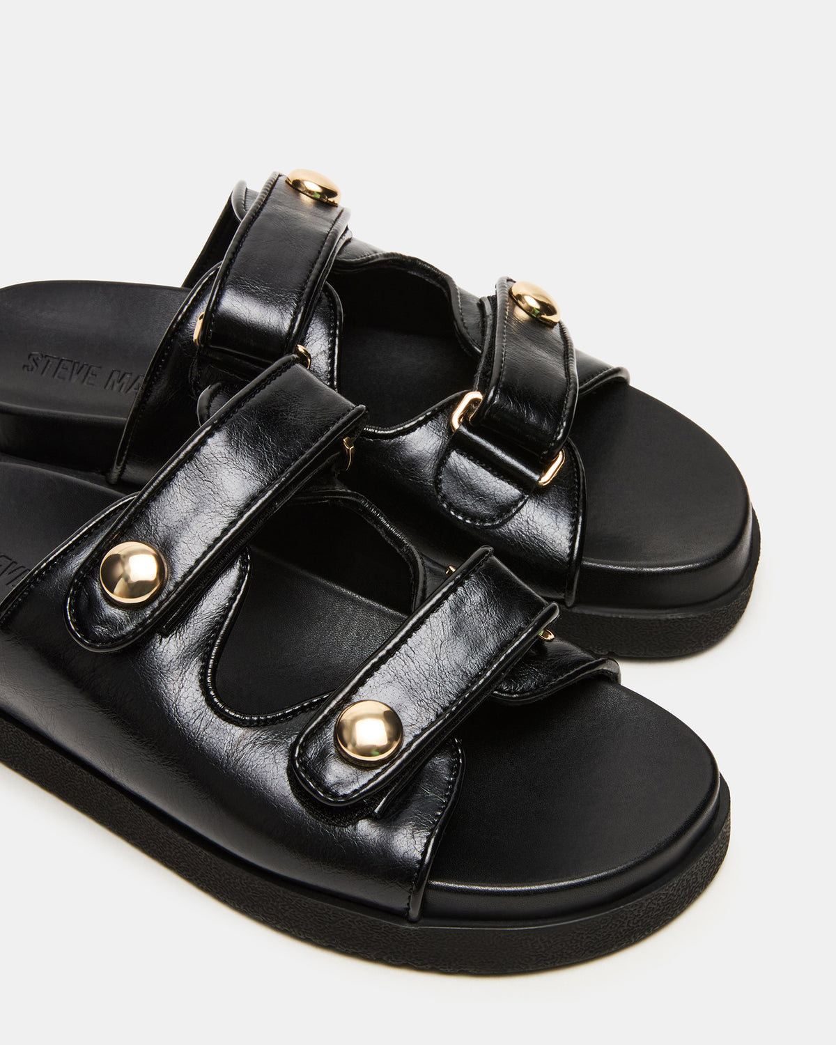 ATHENS Black Leather Slide Footbed Flatform Women's Sandal Steve Madden BLACK LEATHER