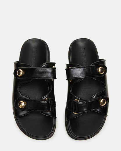 ATHENS Black Leather Slide Footbed Flatform Women's Sandal Steve Madden BLACK LEATHER