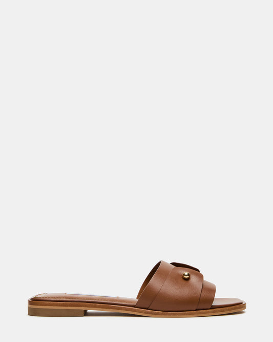 HASTEN Brown Leather Gold Detail Slide Women's Sandal Steve Madden BROWN LEATHER
