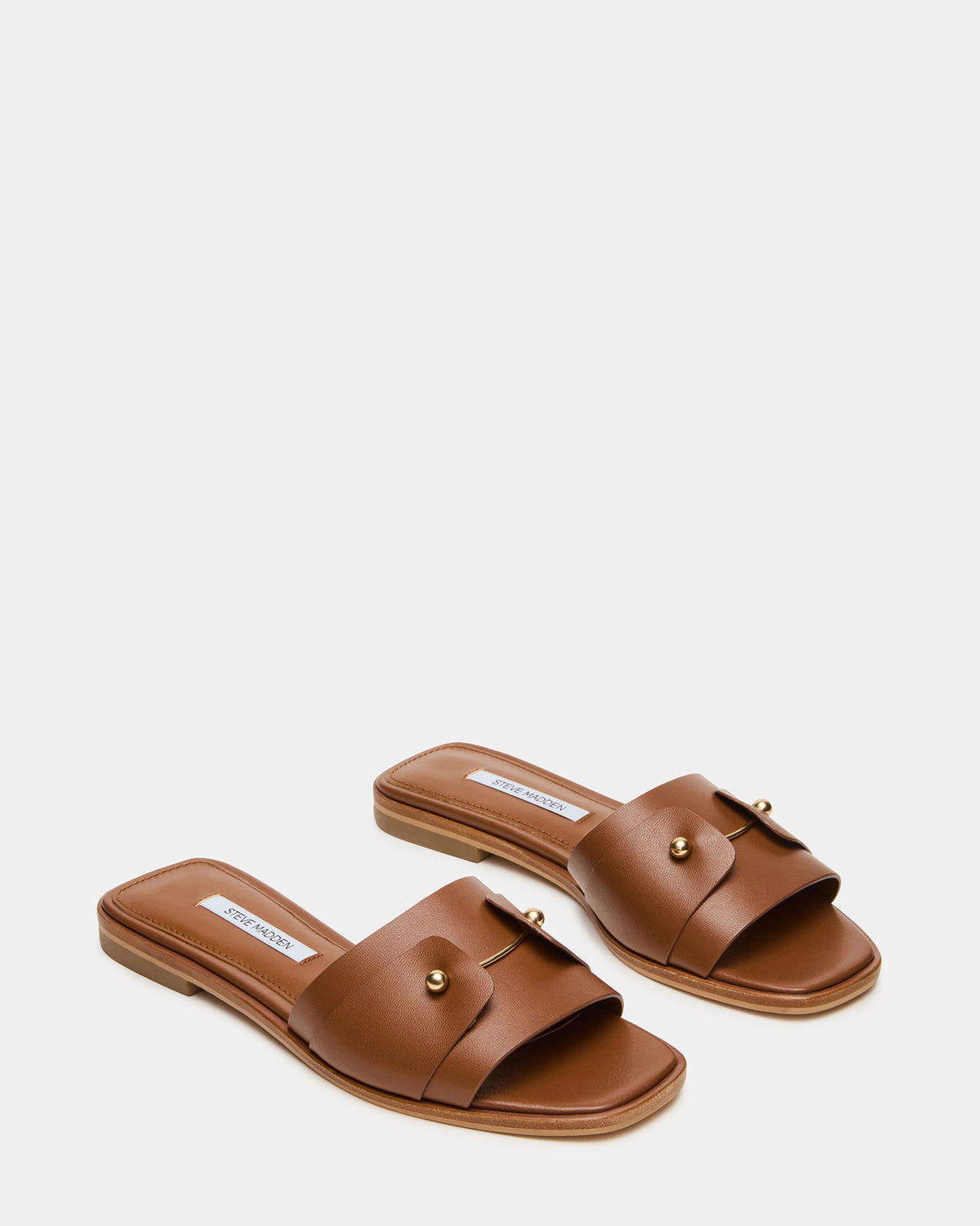 HASTEN Brown Leather Gold Detail Slide Women's Sandal Steve Madden BROWN LEATHER