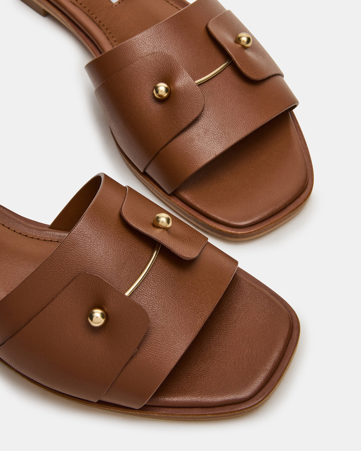 HASTEN Brown Leather Gold Detail Slide Women's Sandal Steve Madden BROWN LEATHER