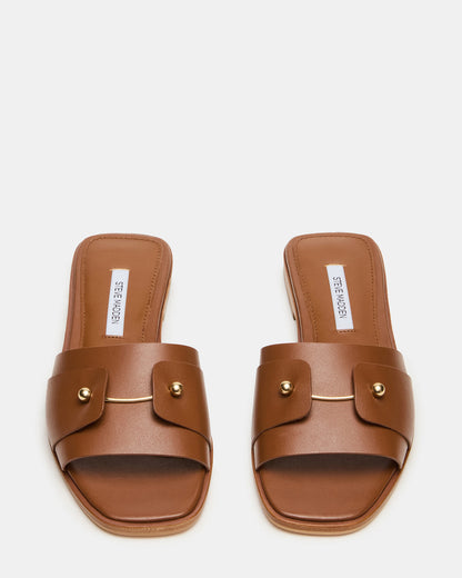 HASTEN Brown Leather Gold Detail Slide Women's Sandal Steve Madden BROWN LEATHER