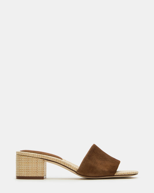 HAILEE Chestnut Suede Women's Square-Toe Raffia Block Heel Mule Sandal Steve Madden CHESTNUT SUEDE