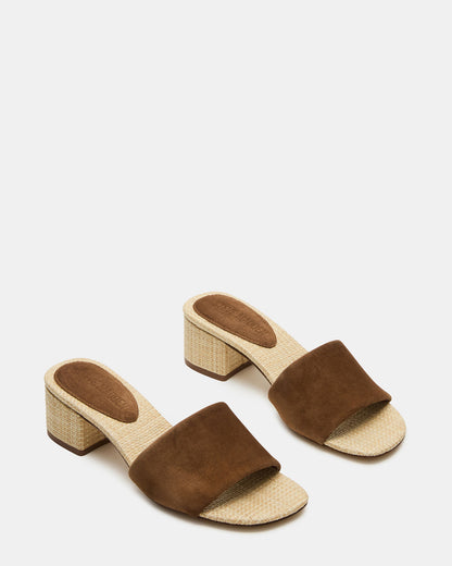 HAILEE Chestnut Suede Women's Square-Toe Raffia Block Heel Mule Sandal Steve Madden CHESTNUT SUEDE