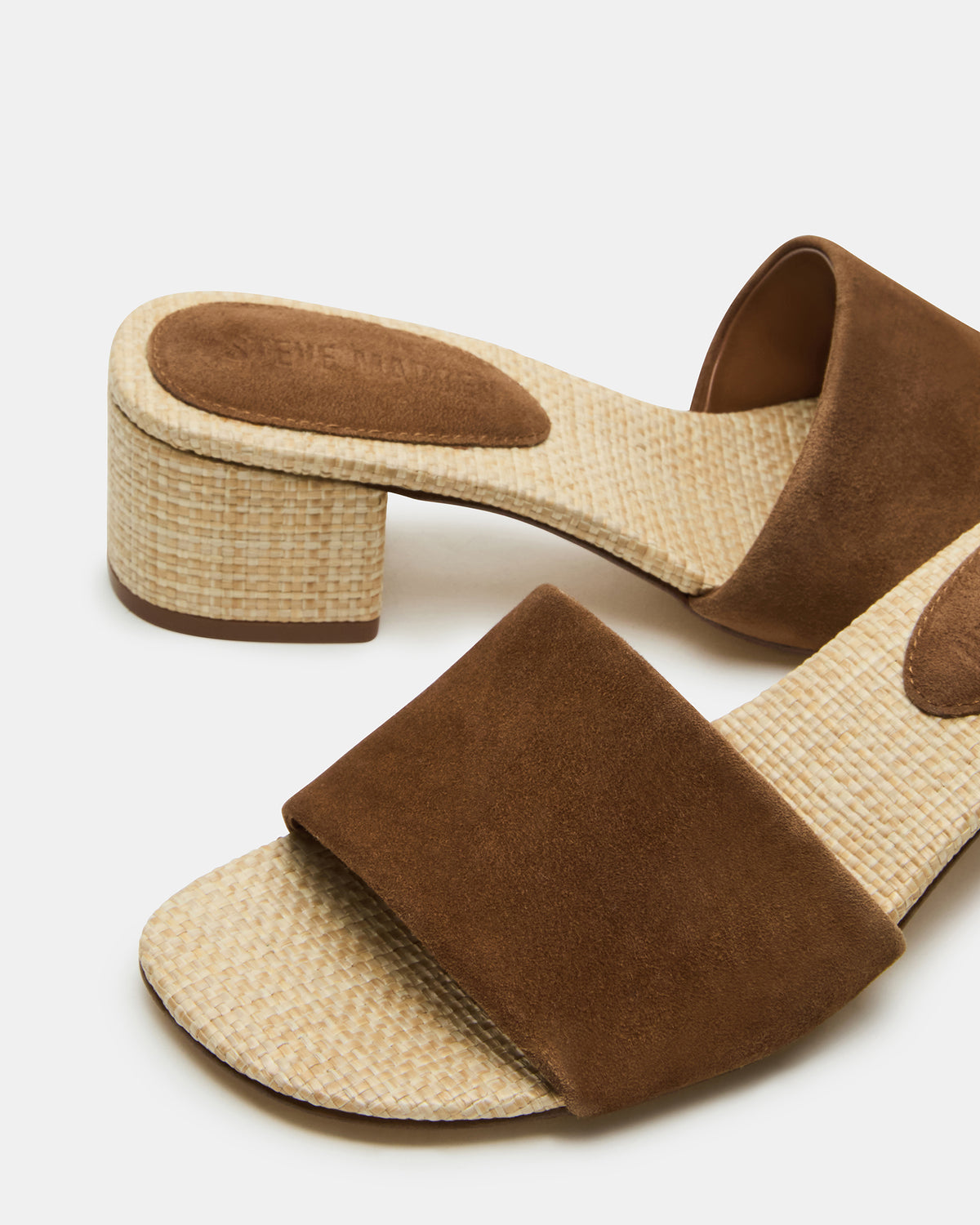 HAILEE Chestnut Suede Women's Square-Toe Raffia Block Heel Mule Sandal Steve Madden CHESTNUT SUEDE
