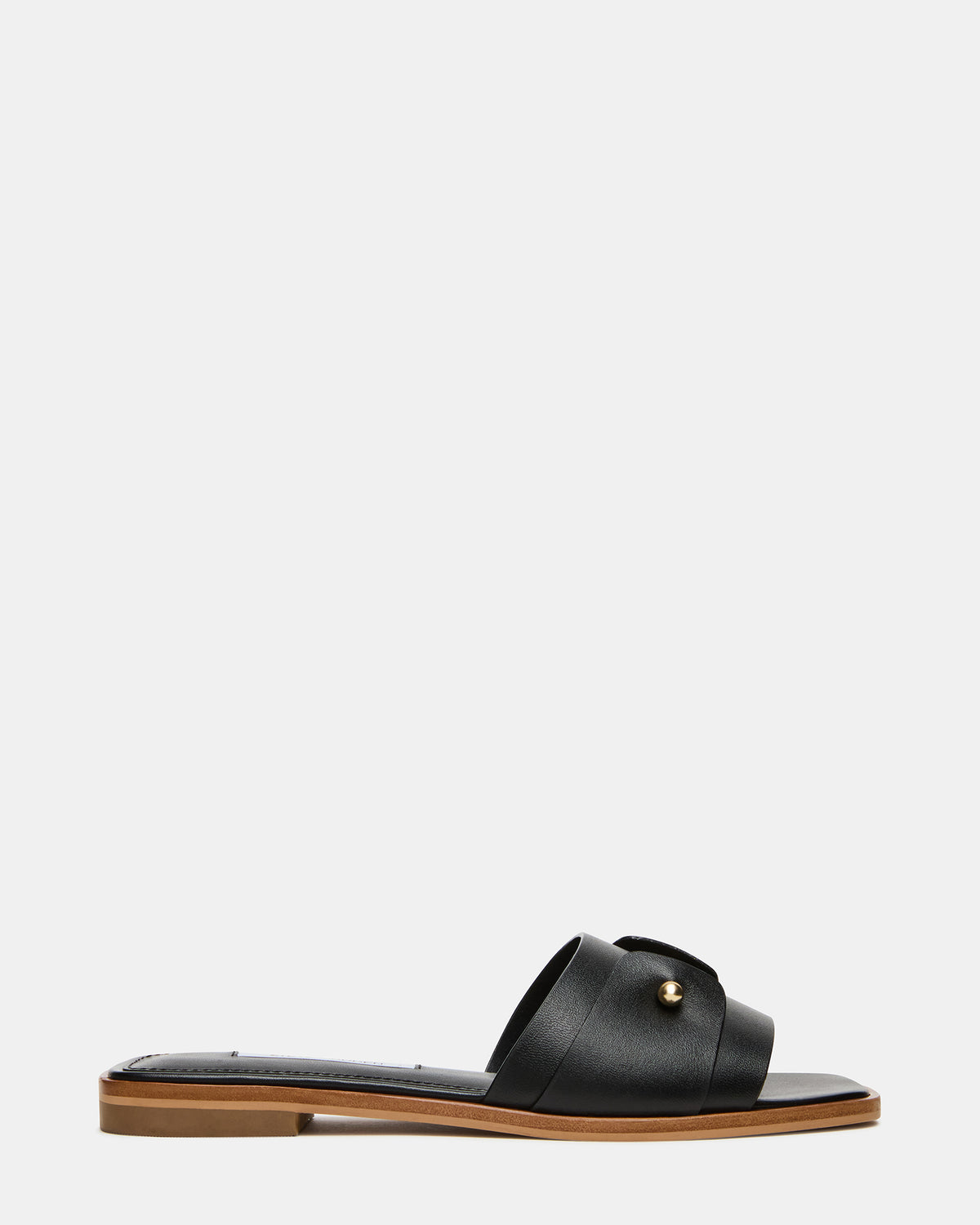 HASTEN Black Leather Gold Detail Slide Women's Sandal Steve Madden BLACK LEATHER