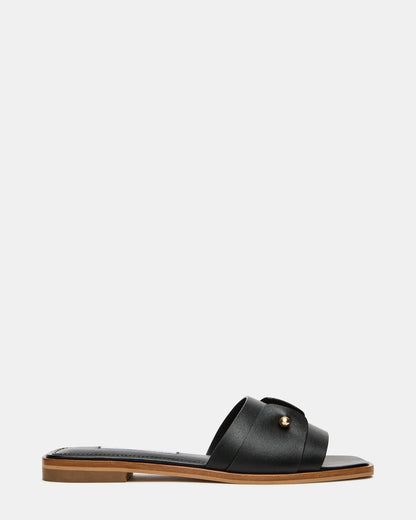 HASTEN Black Leather Gold Detail Slide Women's Sandal Steve Madden BLACK LEATHER