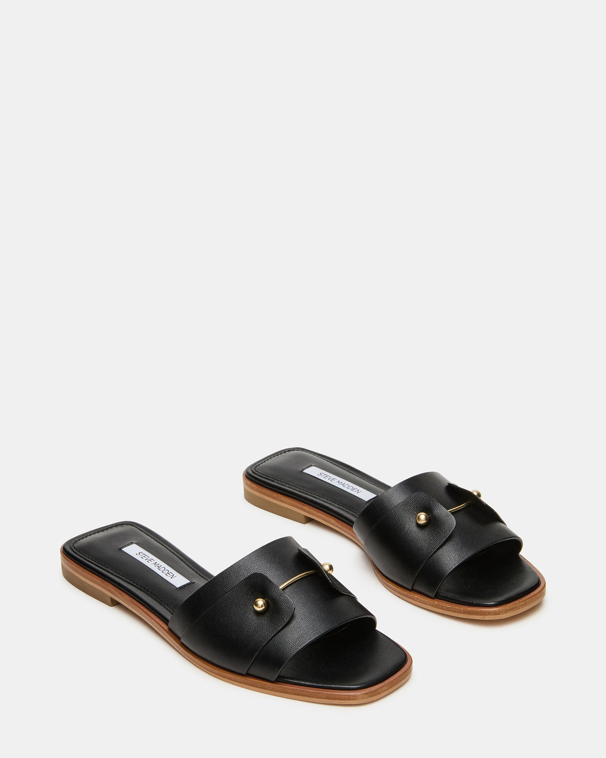 HASTEN Black Leather Gold Detail Slide Women's Sandal Steve Madden BLACK LEATHER