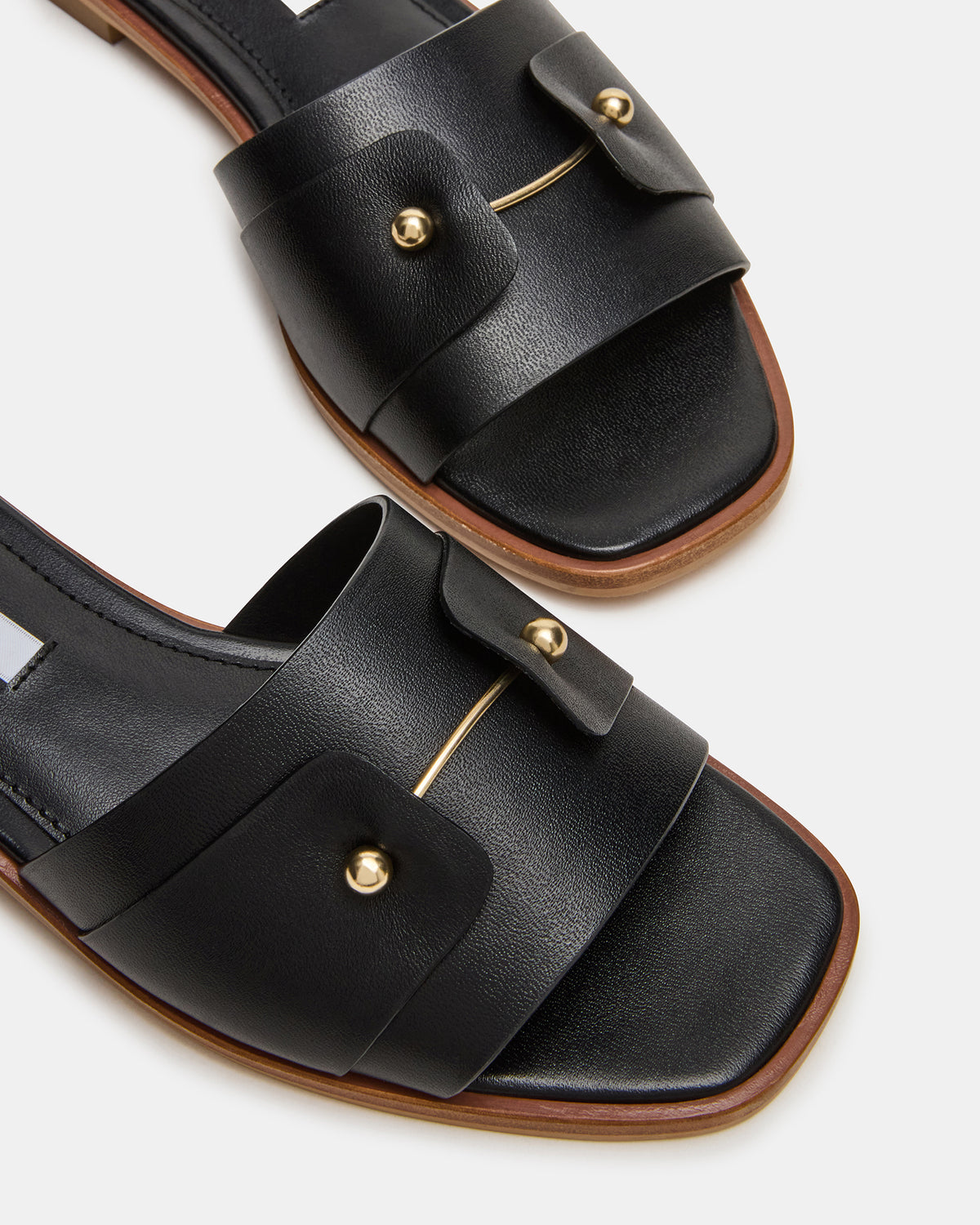 HASTEN Black Leather Gold Detail Slide Women's Sandal Steve Madden BLACK LEATHER
