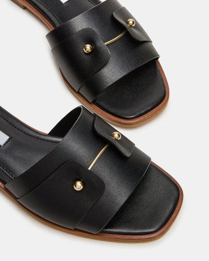 HASTEN Black Leather Gold Detail Slide Women's Sandal Steve Madden BLACK LEATHER