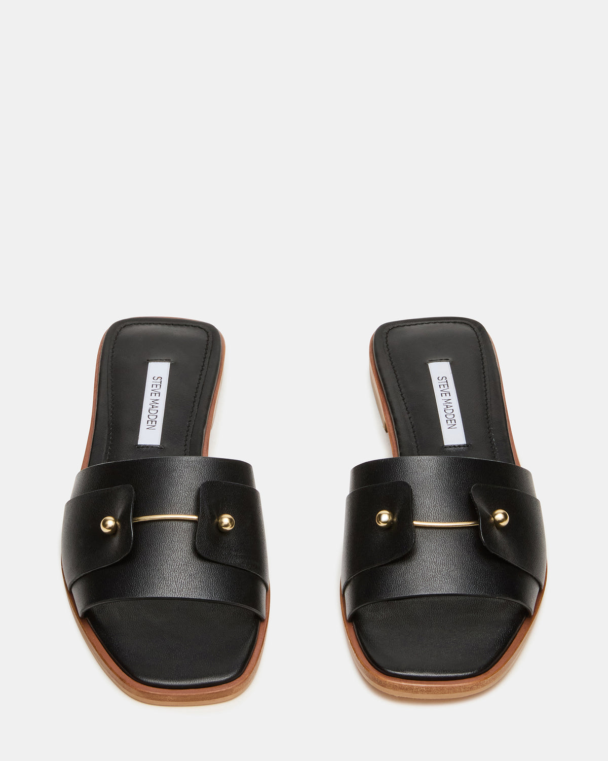 HASTEN Black Leather Gold Detail Slide Women's Sandal Steve Madden BLACK LEATHER