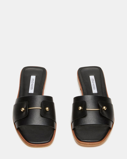 HASTEN Black Leather Gold Detail Slide Women's Sandal Steve Madden BLACK LEATHER