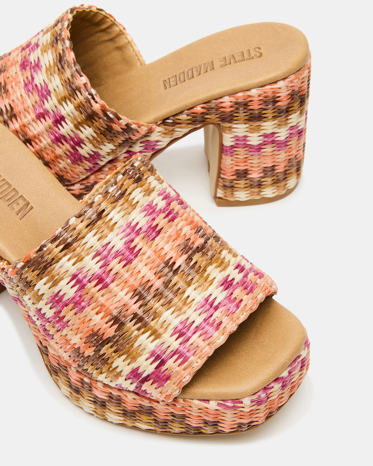 KOLA Pink Raffia Platform Square-Toe Block Heel Mule Women's Sandal Steve Madden PINK RAFFIA
