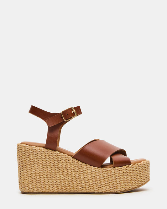 JETSET Cognac Leather Raffia Platform Wedge Women's Sandal Steve Madden COGNAC LEATHER