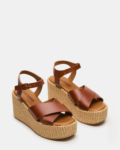 JETSET Cognac Leather Raffia Platform Wedge Women's Sandal Steve Madden COGNAC LEATHER