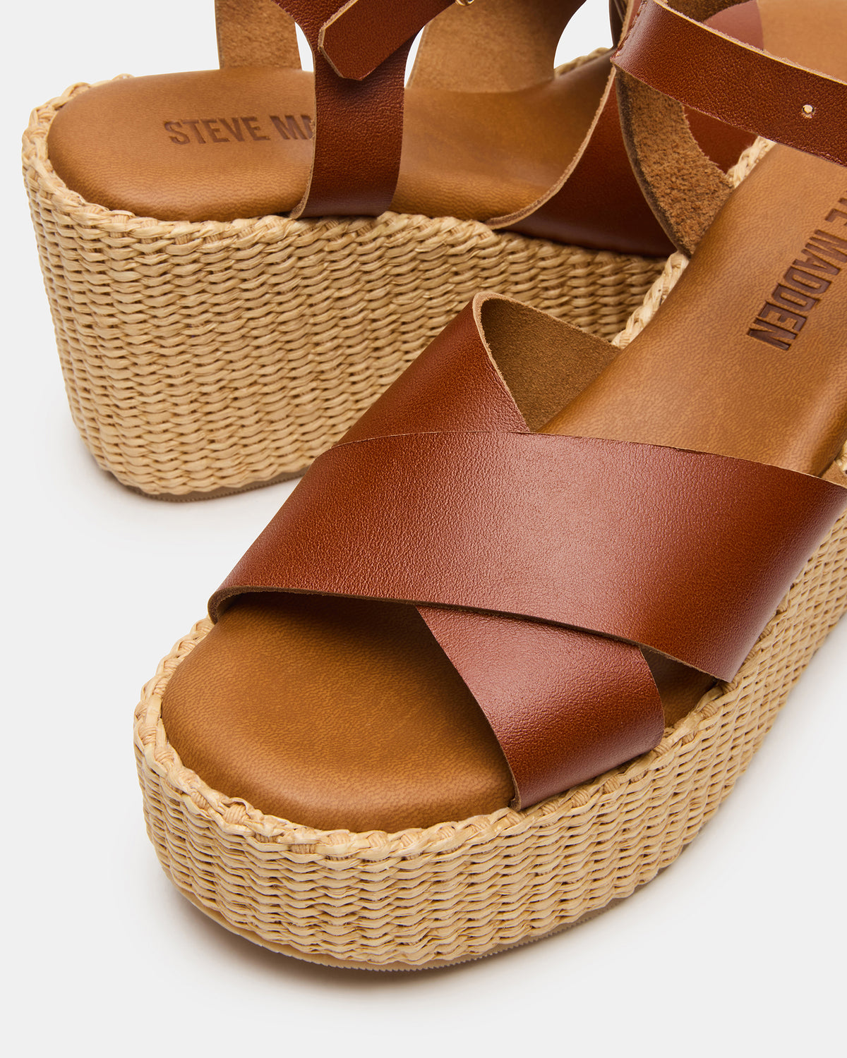 JETSET Cognac Leather Raffia Platform Wedge Women's Sandal Steve Madden COGNAC LEATHER