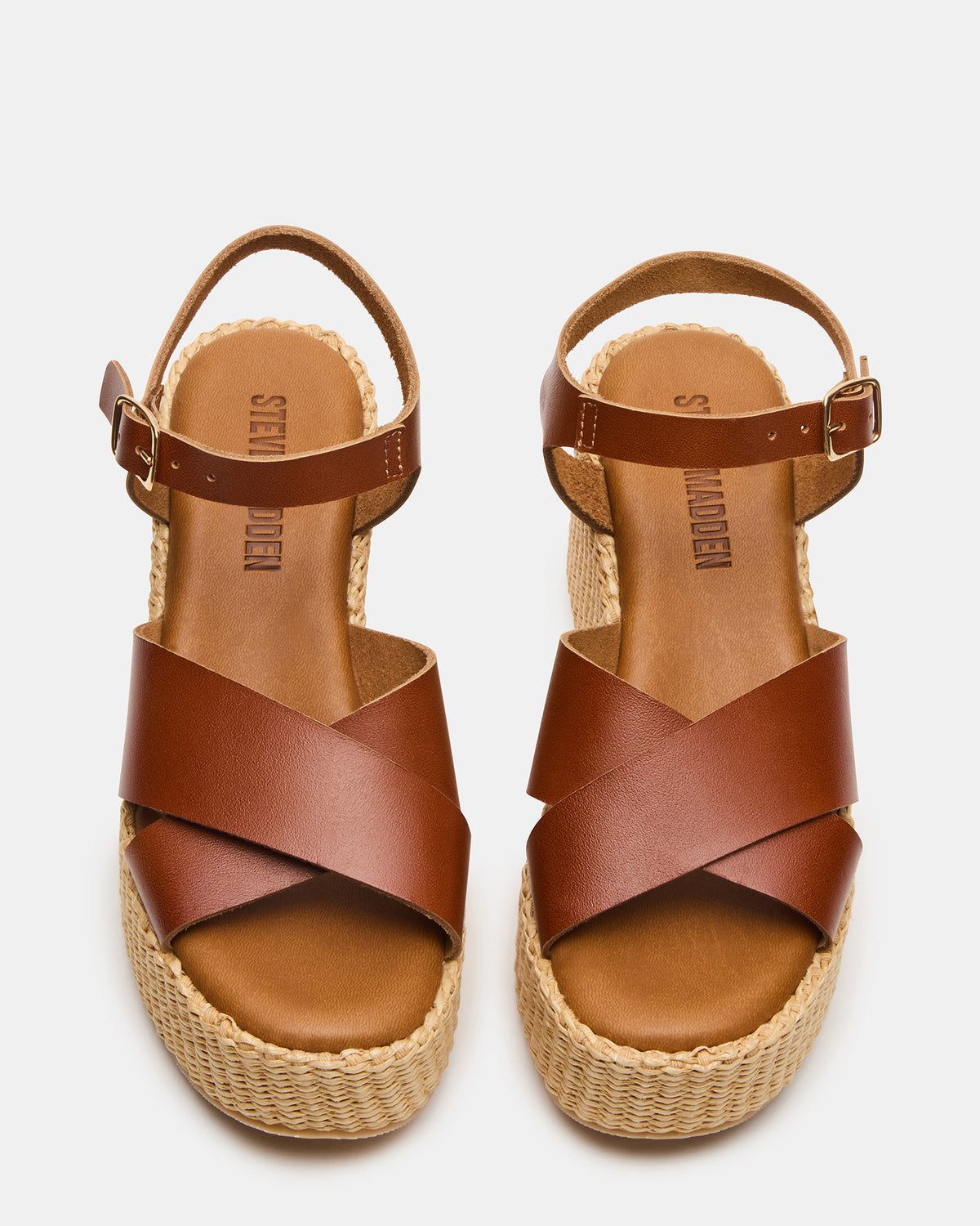 JETSET Cognac Leather Raffia Platform Wedge Women's Sandal Steve Madden COGNAC LEATHER