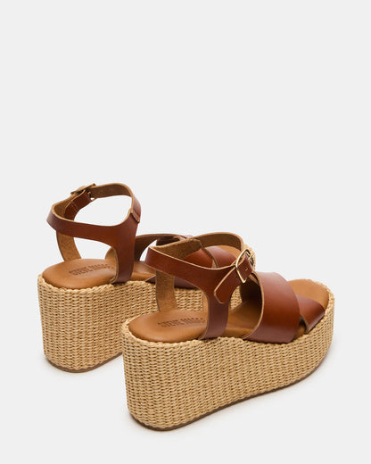 JETSET Cognac Leather Raffia Platform Wedge Women's Sandal Steve Madden COGNAC LEATHER