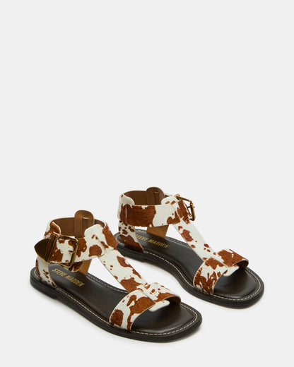 BRAZINN Brown Cow Print Strappy Flat Sandal Women's Sandal Steve Madden TAN MULTI