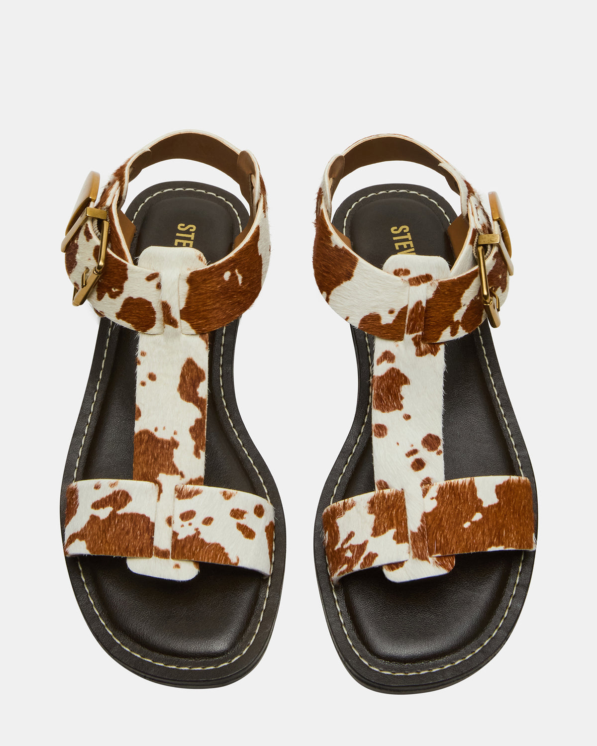 BRAZINN Brown Cow Print Strappy Flat Sandal Women's Sandal Steve Madden TAN MULTI