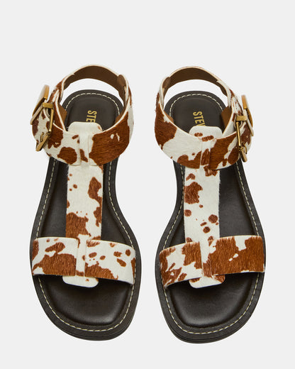 BRAZINN Brown Cow Print Strappy Flat Sandal Women's Sandal Steve Madden TAN MULTI
