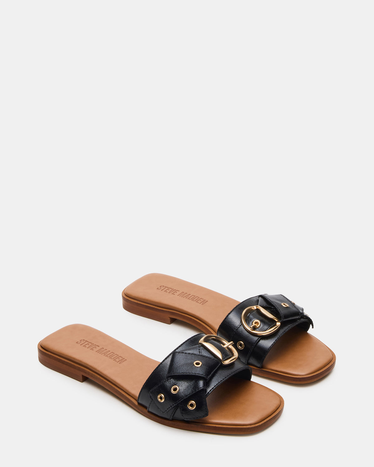 HILARIA Black Leather Square-Toe Slide Women's Sandal Steve Madden BLACK LEATHER