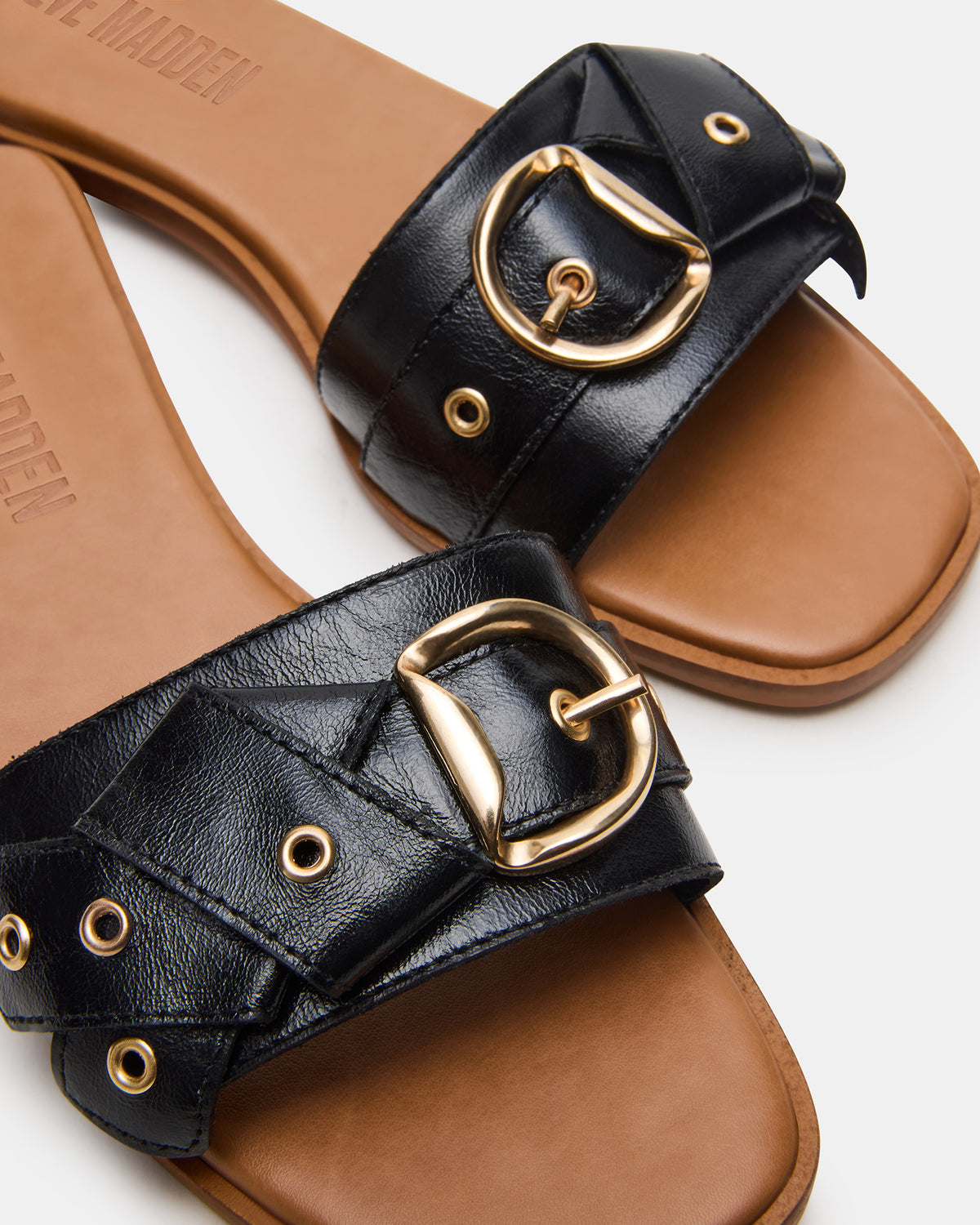 HILARIA Black Leather Square-Toe Slide Women's Sandal Steve Madden BLACK LEATHER