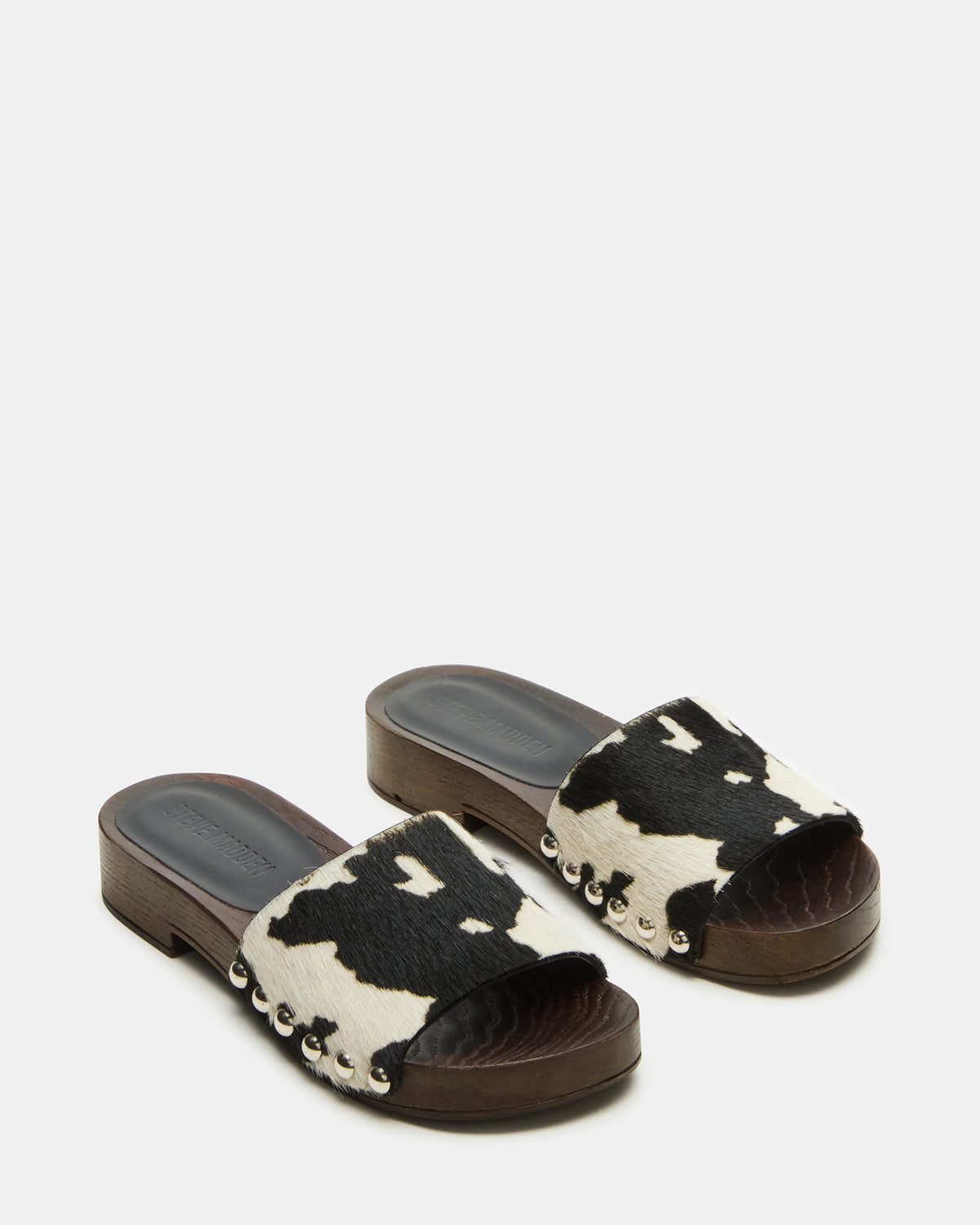 CENTO Black Cow Print Studded Slide Women's Sandal Steve Madden BLACK WHITE
