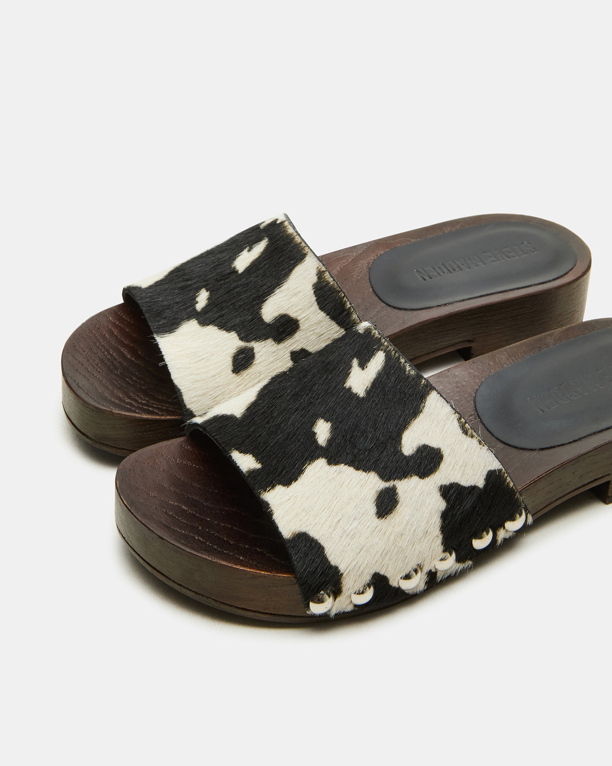 CENTO Black Cow Print Studded Slide Women's Sandal Steve Madden BLACK WHITE