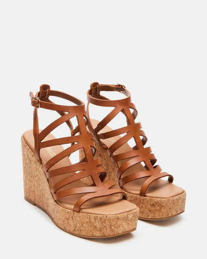 COZETTE Tan Leather Women's Platform Square-Toe Wedge Sandal Steve Madden TAN LEATHER
