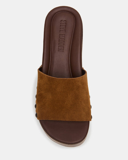 CONGA Tan Suede Platform Wood Bottom Slide Women's Sandal Steve Madden TAN SUEDE