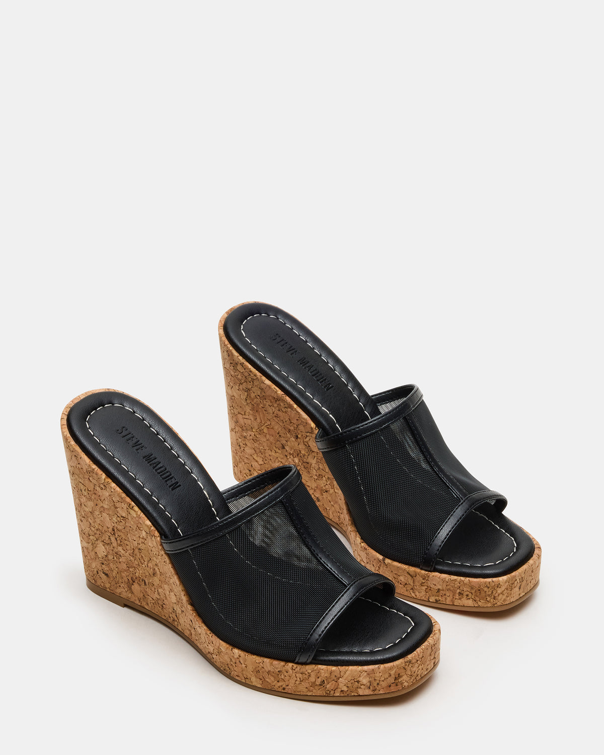 CRUZ Black Square-Toe Platform Mesh Wedge Mule Women's Sandal Steve Madden BLACK