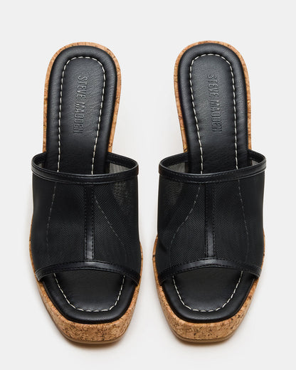 CRUZ Black Square-Toe Platform Mesh Wedge Mule Women's Sandal Steve Madden BLACK