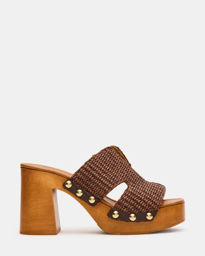 SUNKISSED Brown Raffia Platform Block Heel Studded Women's Sandal Steve Madden BROWN RAFFIA
