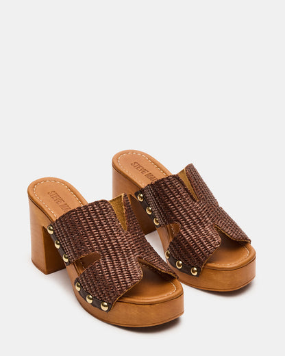 SUNKISSED Brown Raffia Platform Block Heel Studded Women's Sandal Steve Madden BROWN RAFFIA