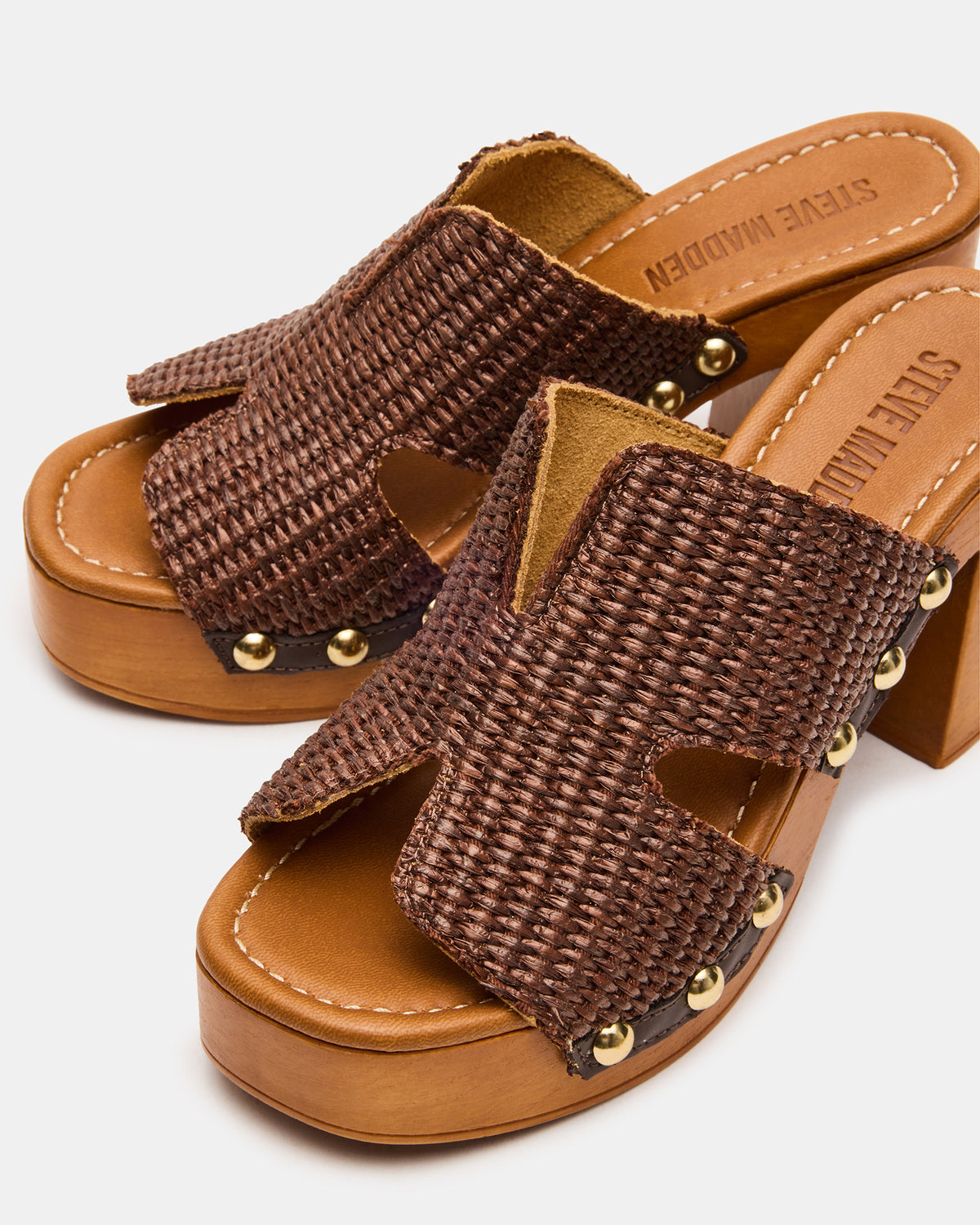SUNKISSED Brown Raffia Platform Block Heel Studded Women's Sandal Steve Madden BROWN RAFFIA