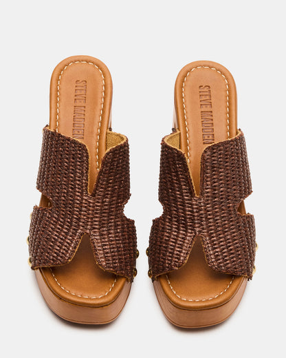 SUNKISSED Brown Raffia Platform Block Heel Studded Women's Sandal Steve Madden BROWN RAFFIA