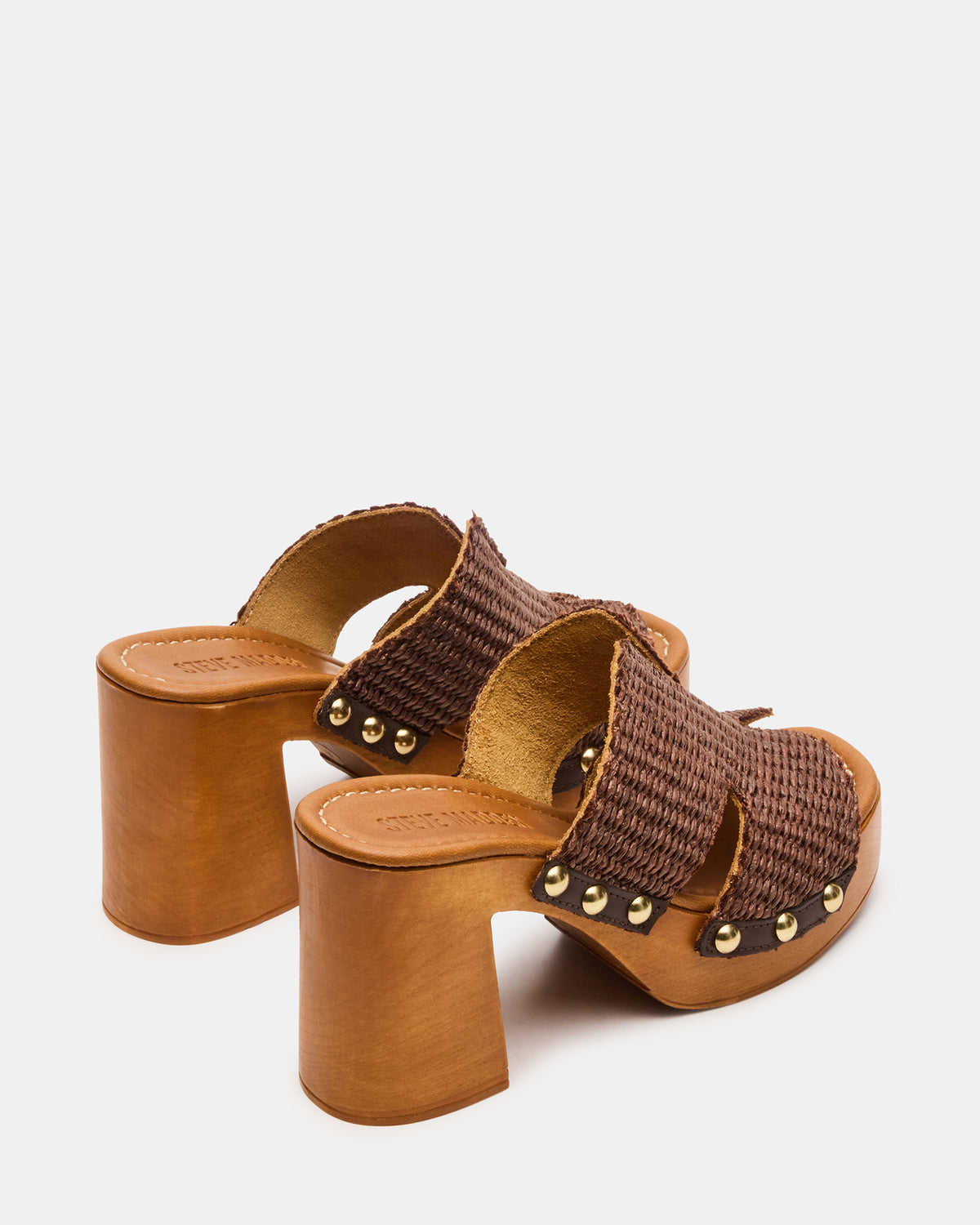 SUNKISSED Brown Raffia Platform Block Heel Studded Women's Sandal Steve Madden BROWN RAFFIA