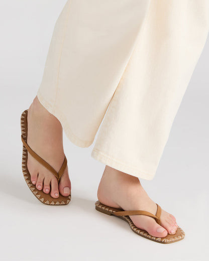 MARELLA Cognac Leather Women's Thong Square-Toe Sandal Steve Madden COGNAC LEATHER