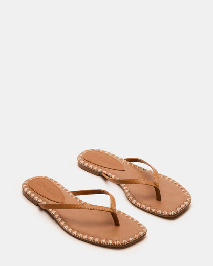 MARELLA Cognac Leather Women's Thong Square-Toe Sandal Steve Madden COGNAC LEATHER