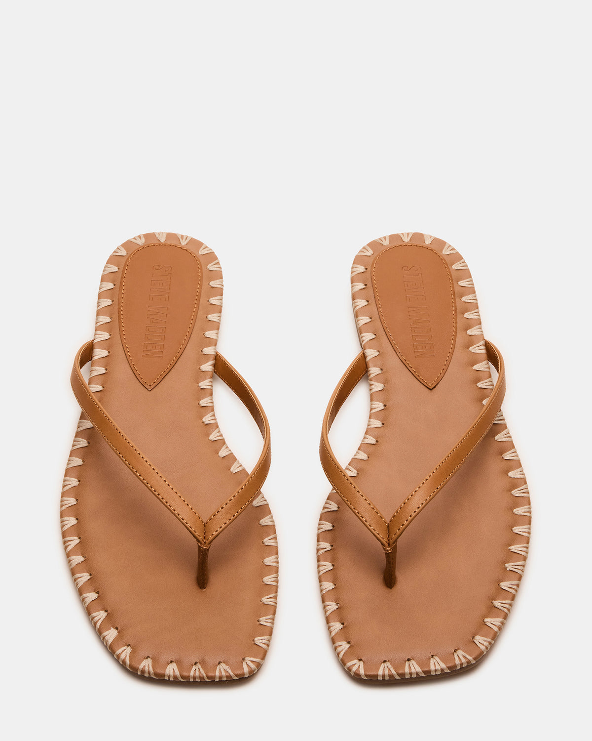 MARELLA Cognac Leather Women's Thong Square-Toe Sandal Steve Madden COGNAC LEATHER