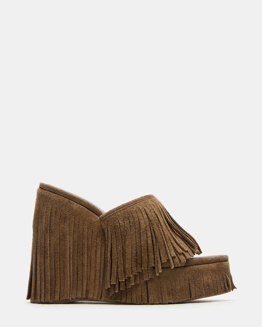 WYNN Chestnut Suede Platform Fringe Wedge Mule Women's Sandal Steve Madden CHESTNUT SUEDE